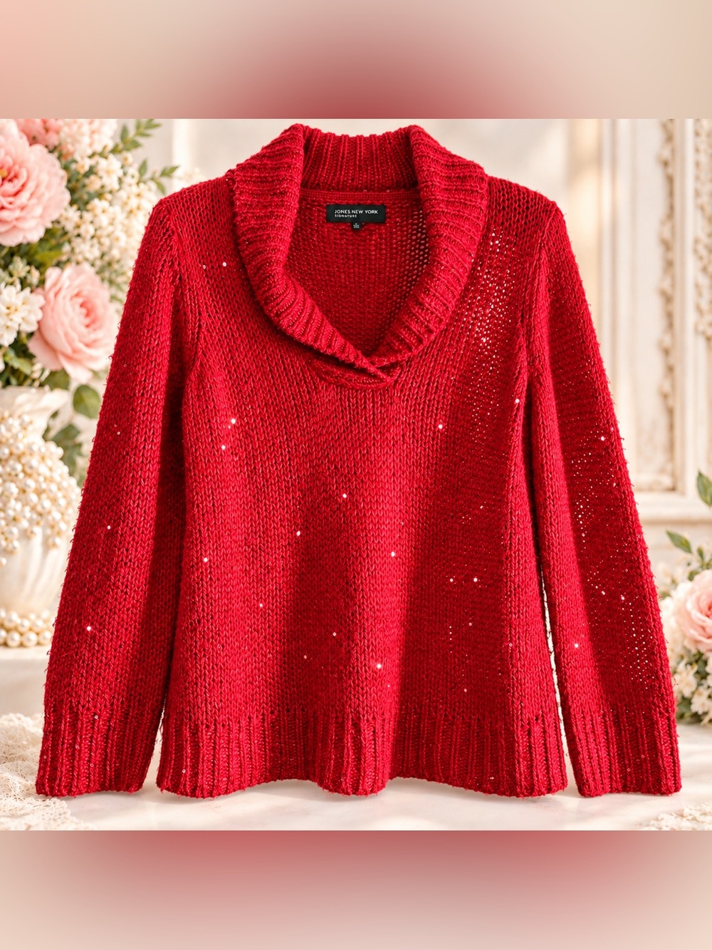 Jones New York Signature Raspberry Red Sequin Cowl Neck Sweater XL